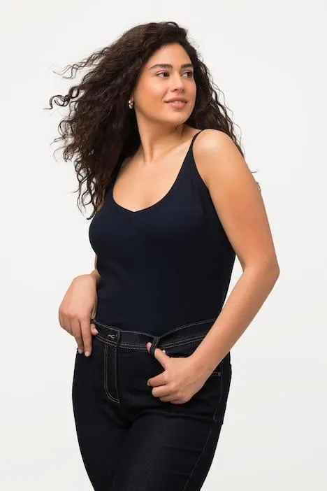 Ribtop, slim, V-hals, mouwloos, smalle bandjes