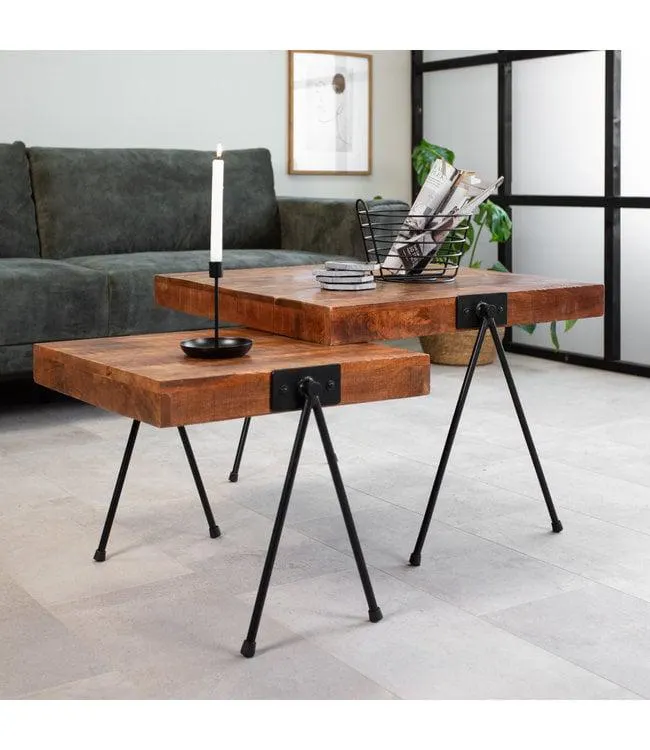 Salontafel Vierkant Industrieel Philippe Hout - Set van 2