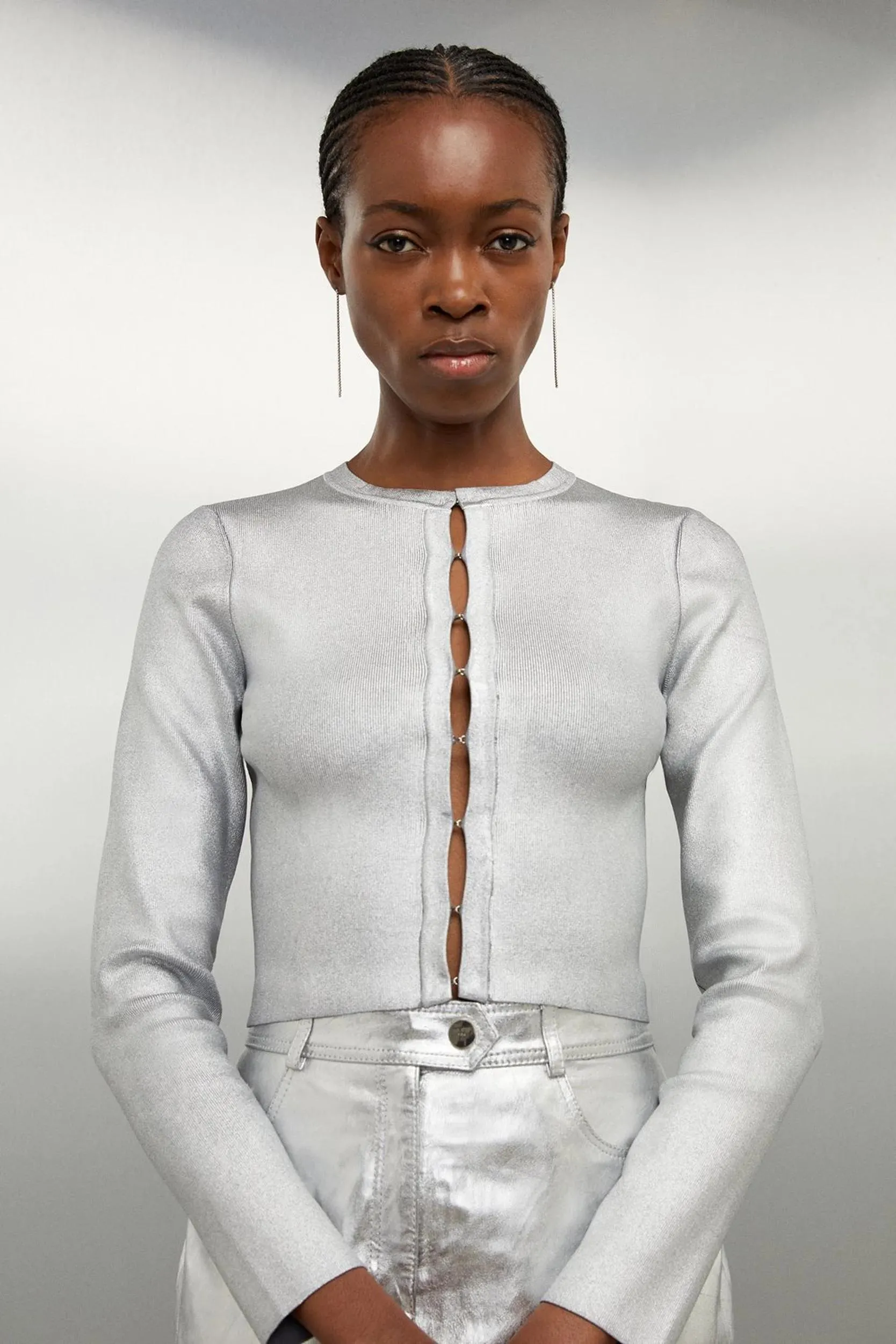 Premium Viscose Blend Body Contouring Foiled Knit Cardigan