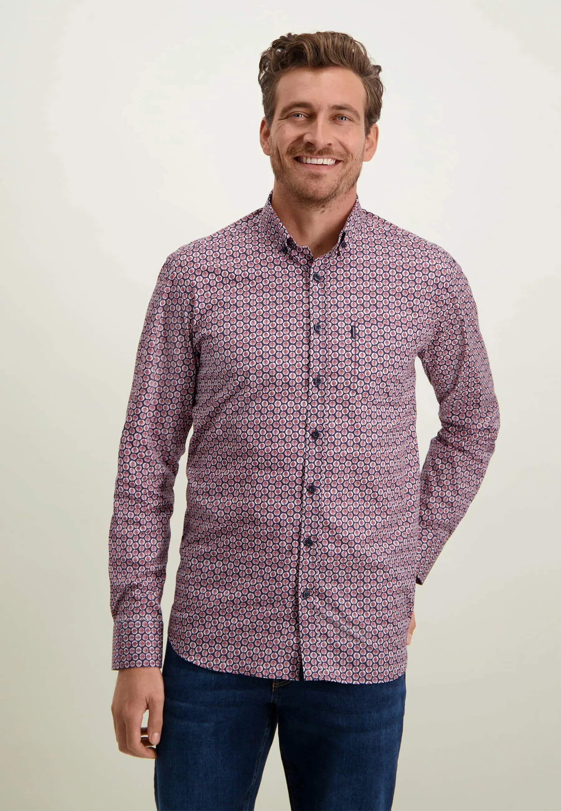 Poplin Overhemd met Retroprint Donkerblauw Rood