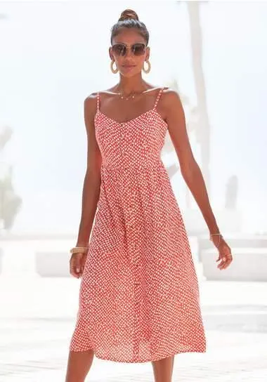 Lascana Zomerjurk van linnenmix, midikleed, strandkleed, drukkleed