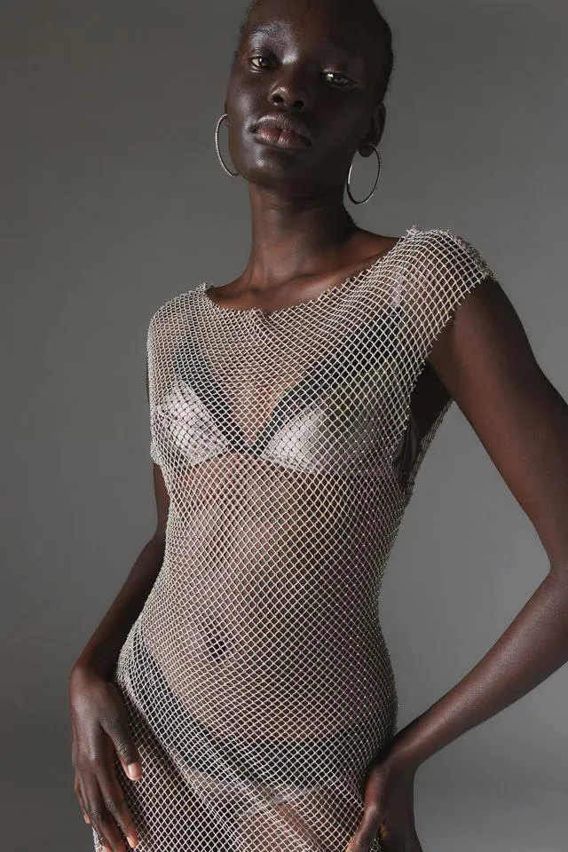Silence + Noise Stephanie Sheer Fishnet Midi Dress