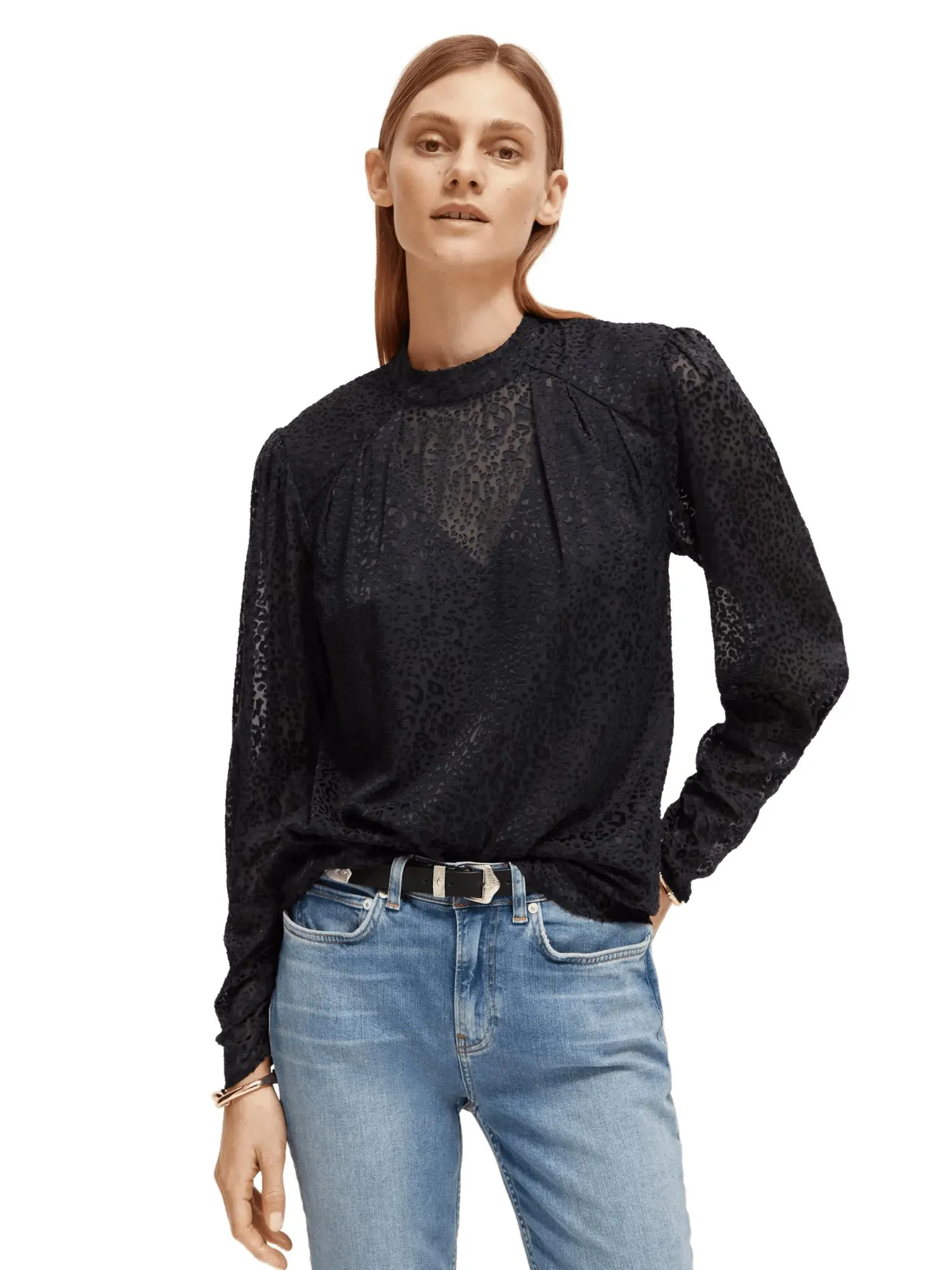 Mock neck open back blouse