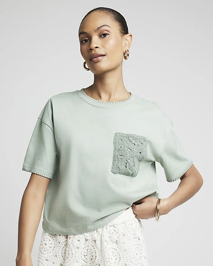 Khaki crochet pocket t-shirt