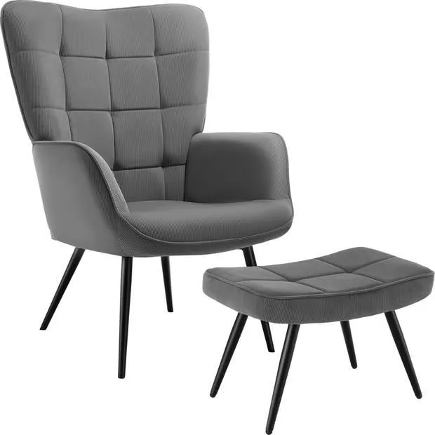 tectake® Oorfauteuil in Scandinavische Stijl met hocker - Lounge Stoel voor Woonkamer/Slaapkamer - 150kg - Antraciet