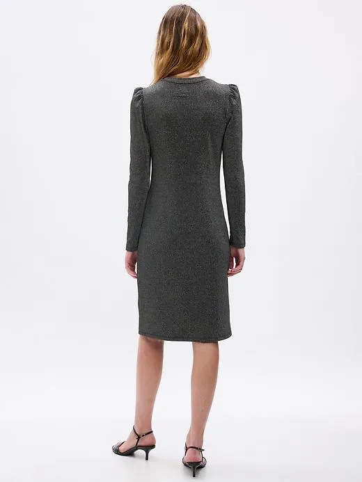 Puff Sleeve Metallic Rib Midi Dress