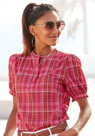 Vivance Geruite blouse met korte pofmouwen