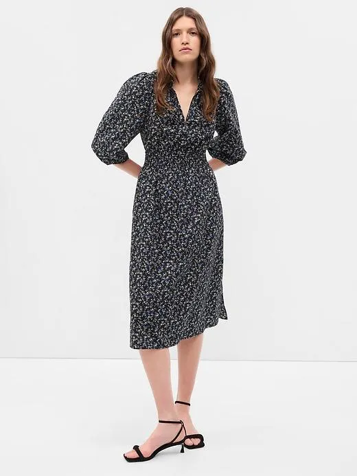 Puff Sleeve Smocked Midi Dress