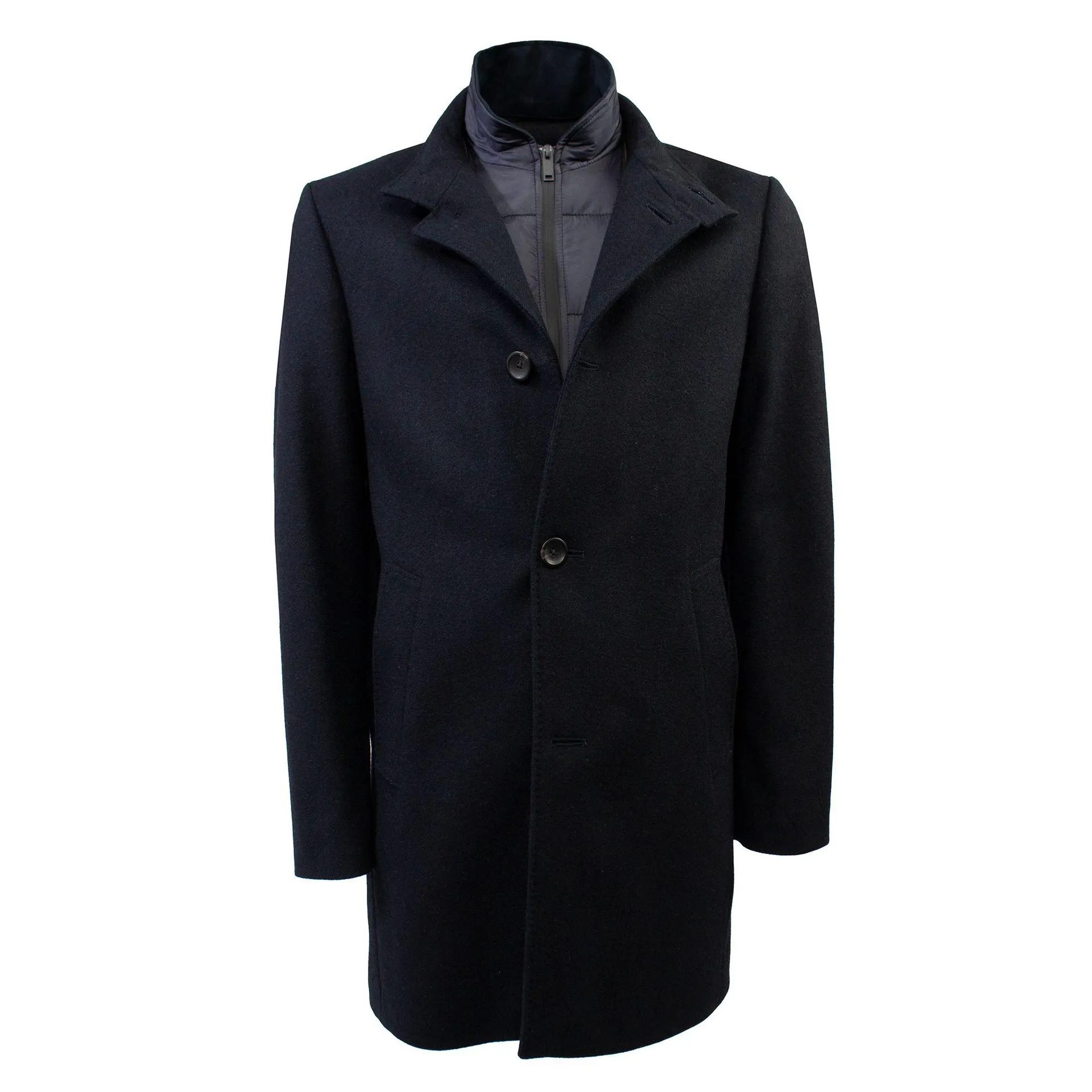 winterjas lang in Ecowol met opstaande kraag donkerblauw