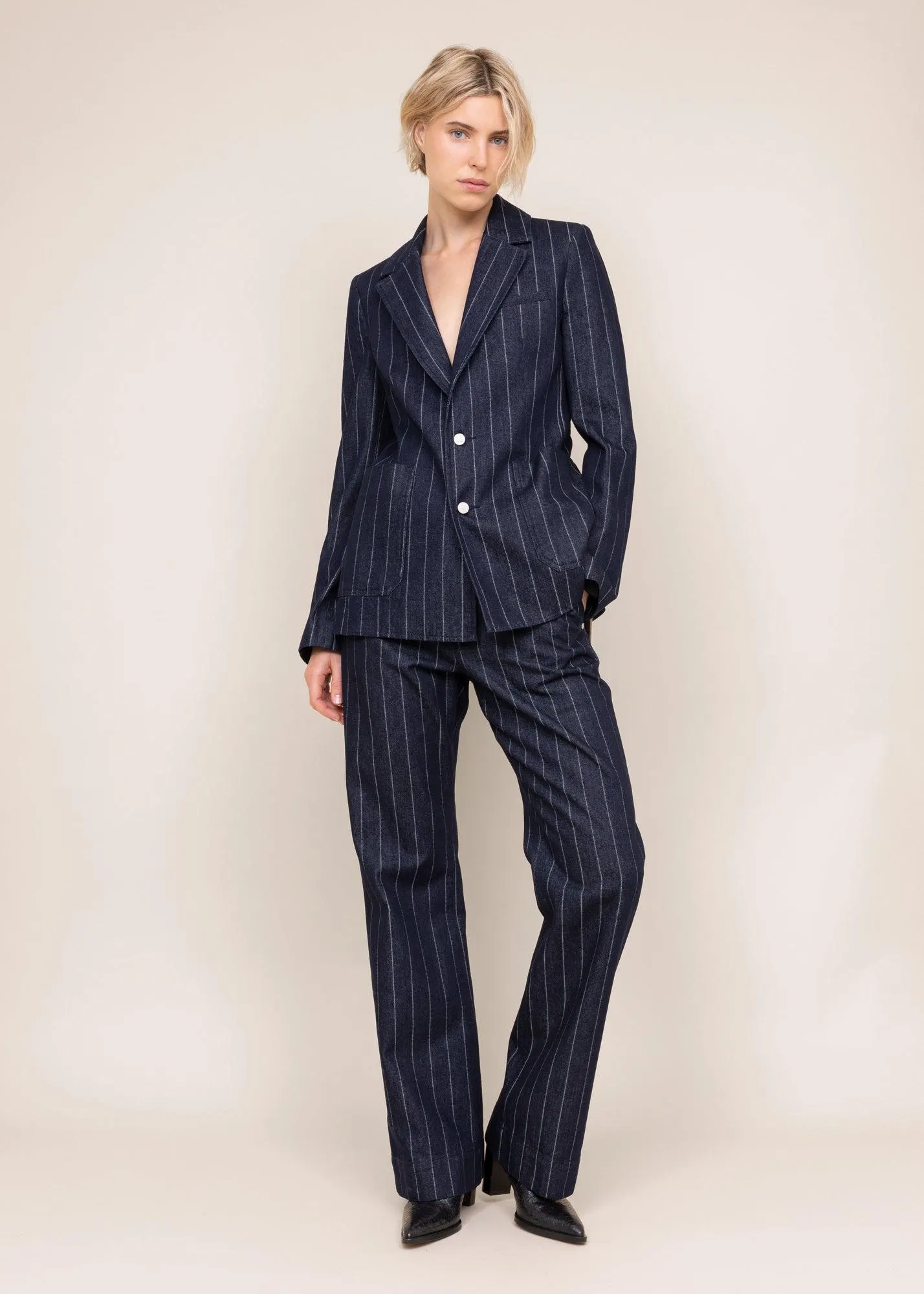 Denim colbert met krijtstreep