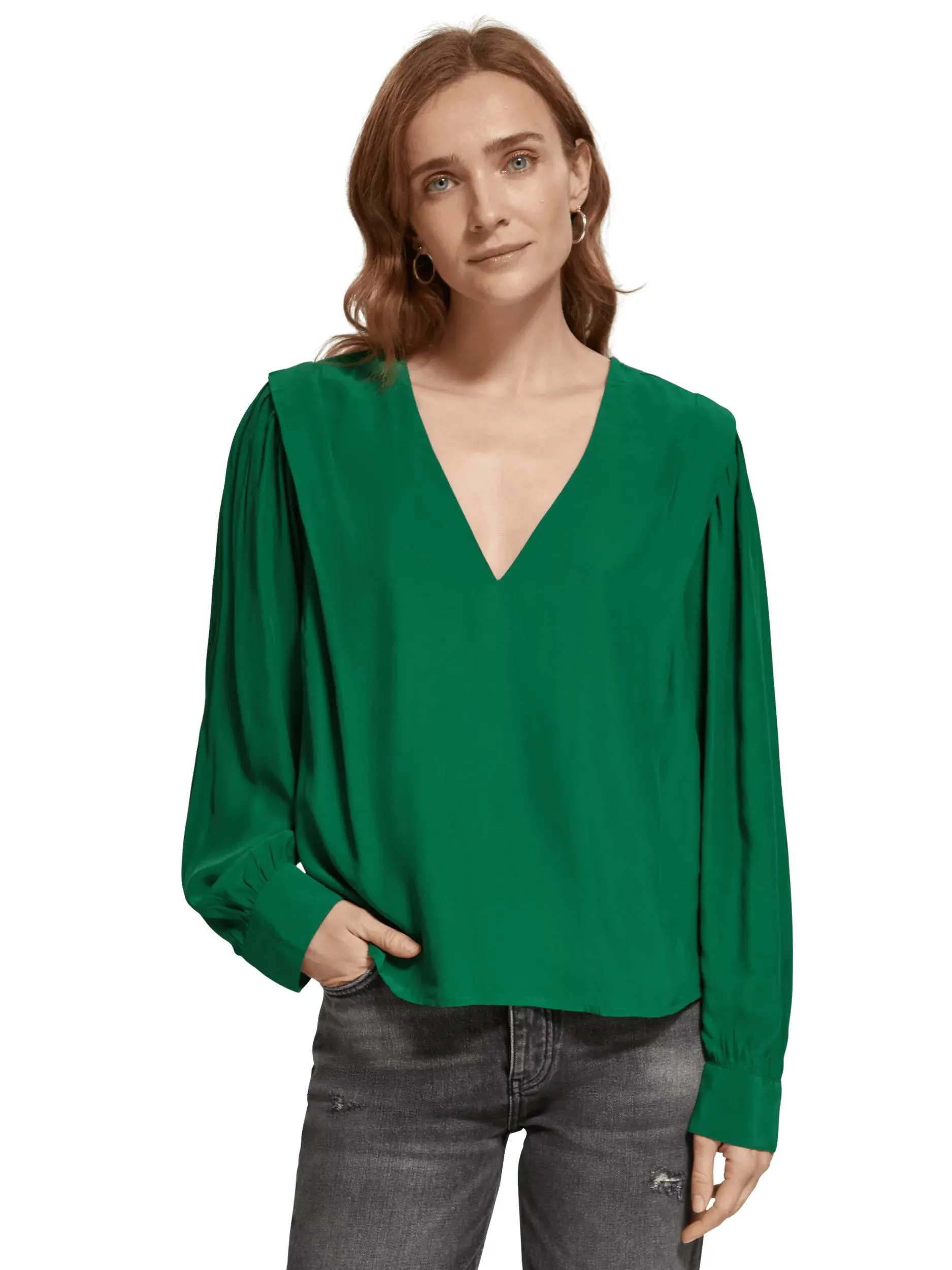 Long-sleeved V-neck blouse