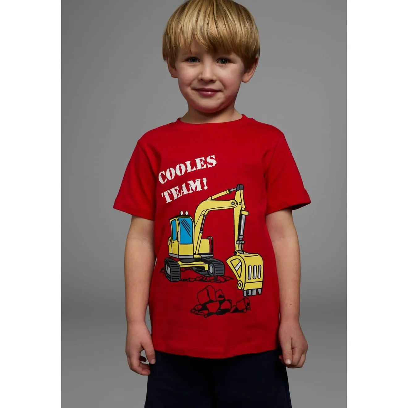 KIDSWORLD T-shirt Met graafmachine-print Korte mouwen, met vrolijke print, met ribboord aan de hals