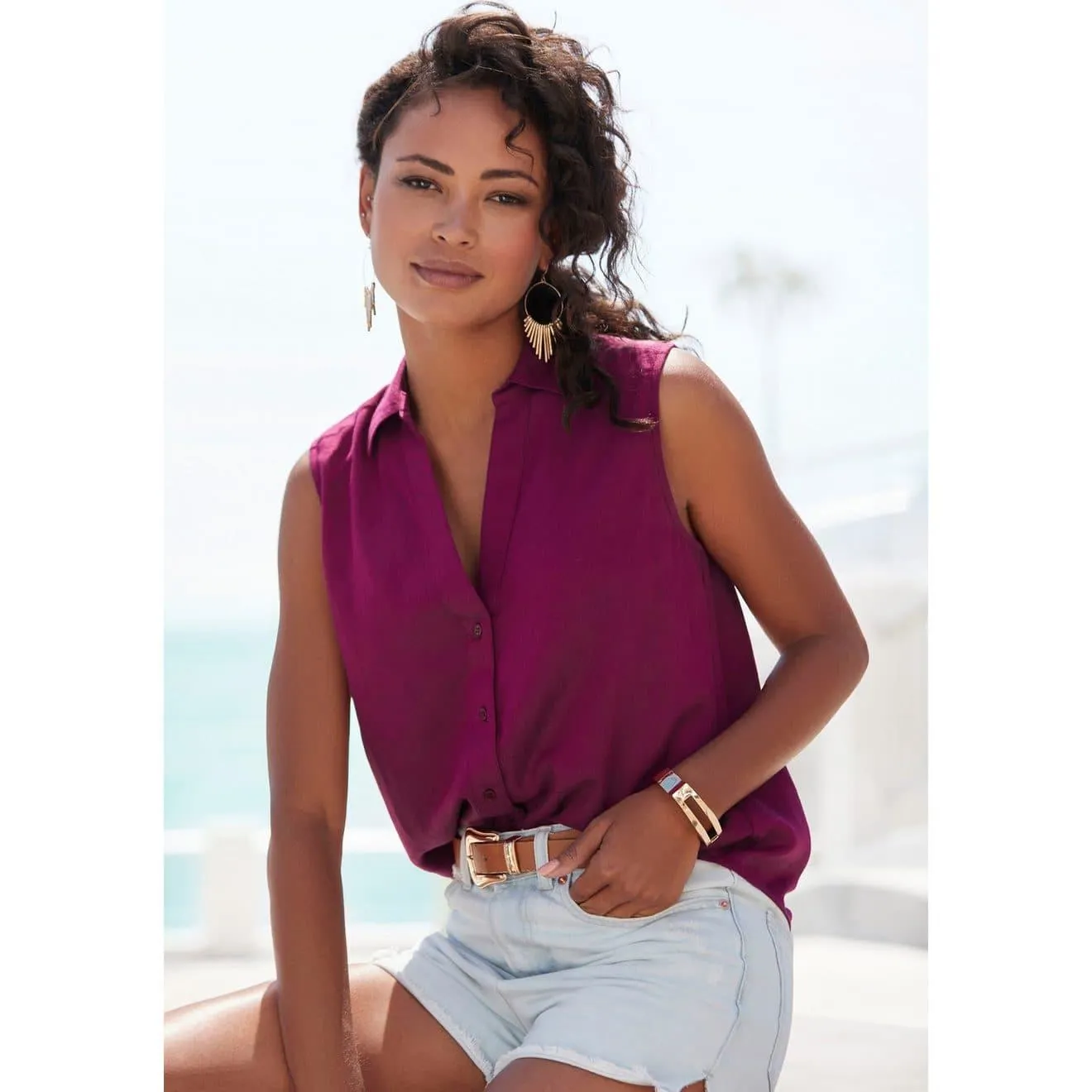 Lascana Top van zachte geweven stof met linnenpercentage, damesblouse met overhemdkraag