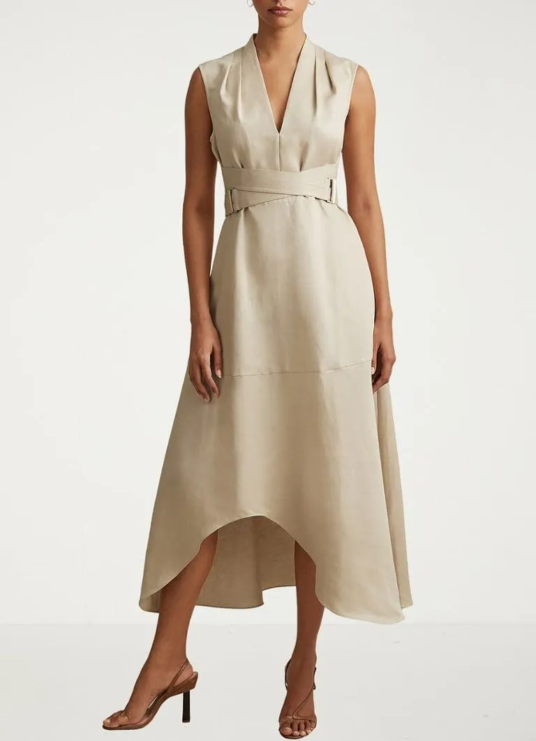 Ava midi jurk in linnenblend met strikceintuur