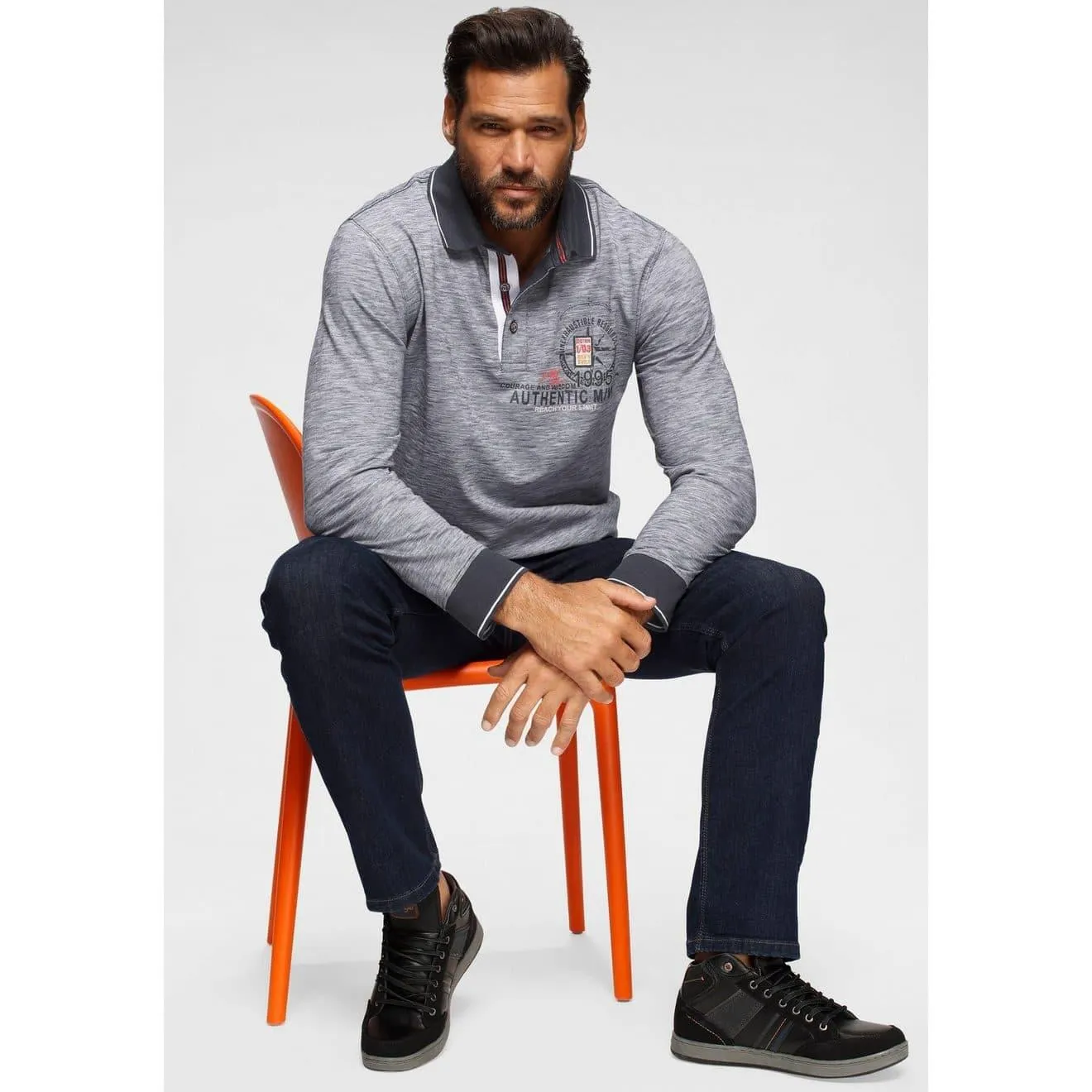 Man's World Poloshirt met lange mouwen Lange mouwen, gemêleerde look, polokraag, van katoen