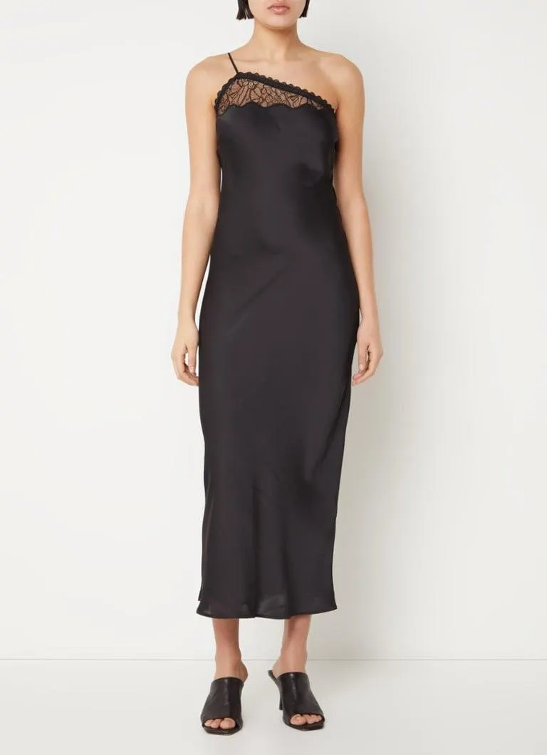Cameron one shoulder midi jurk van satijn met details van kant