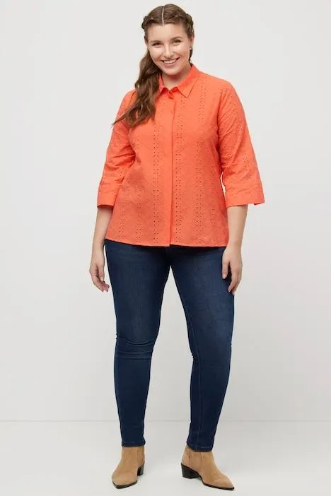 overhemdblouse, opengewekt stiksel, overhemdkraag, 3/4-mouwen