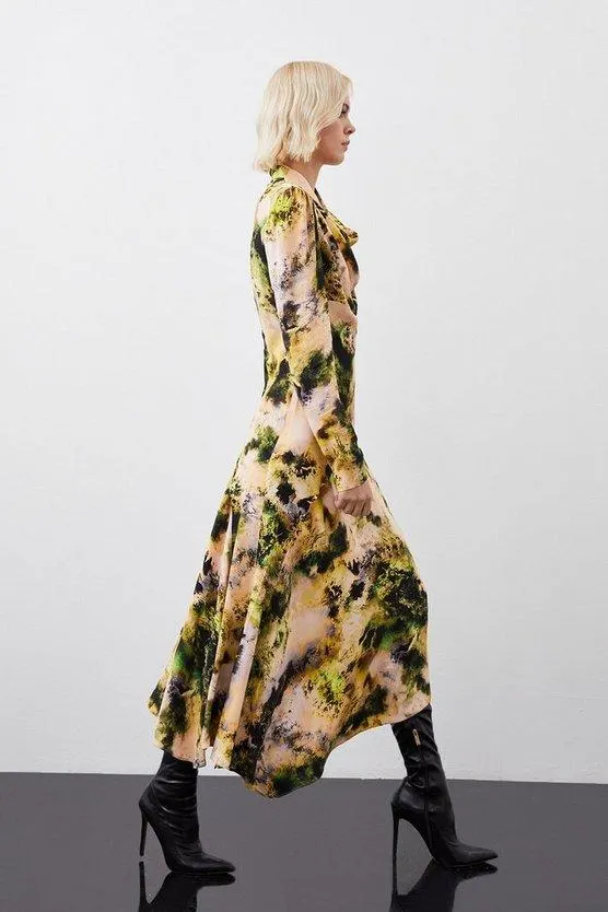 Abstract Print Viscose Satin Asymmetric Woven Maxi Dress