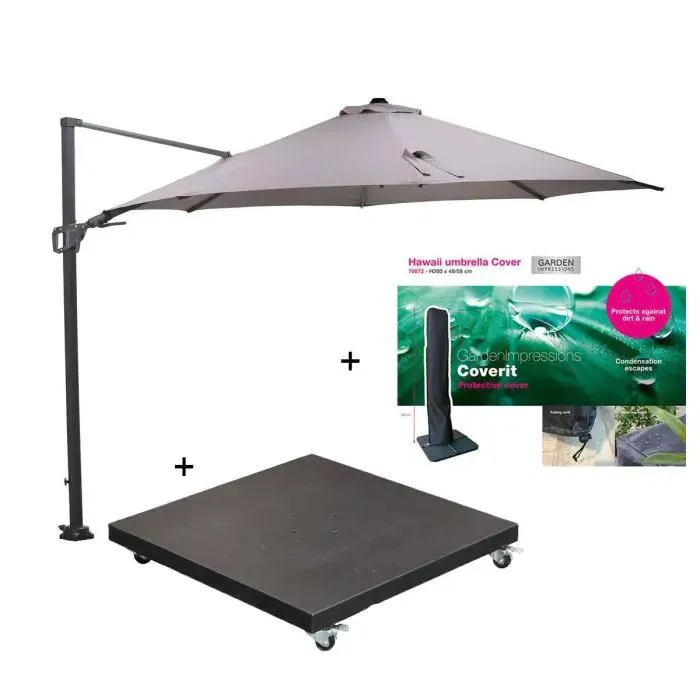 Hawaii zweefparasol Ø350 cm donker grijs/zand incl. 90 kg black polish voet en parasolhoes