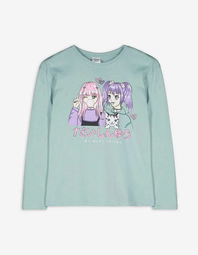 Tričko s dlouhým rukávem - Třpytivý potisk - tyrkysova