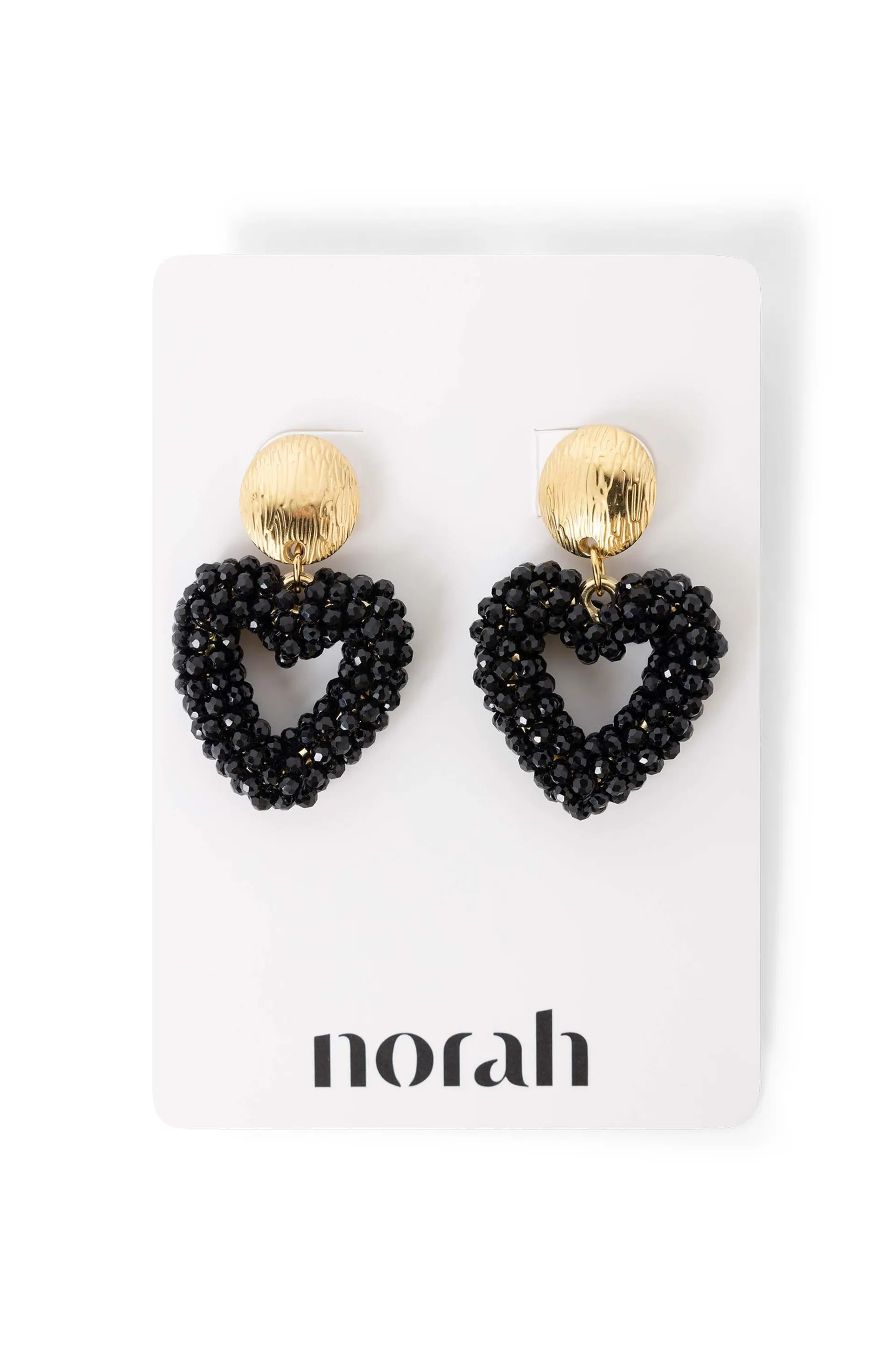Goudkleurige oorbellen met zwarte kralenhartjes