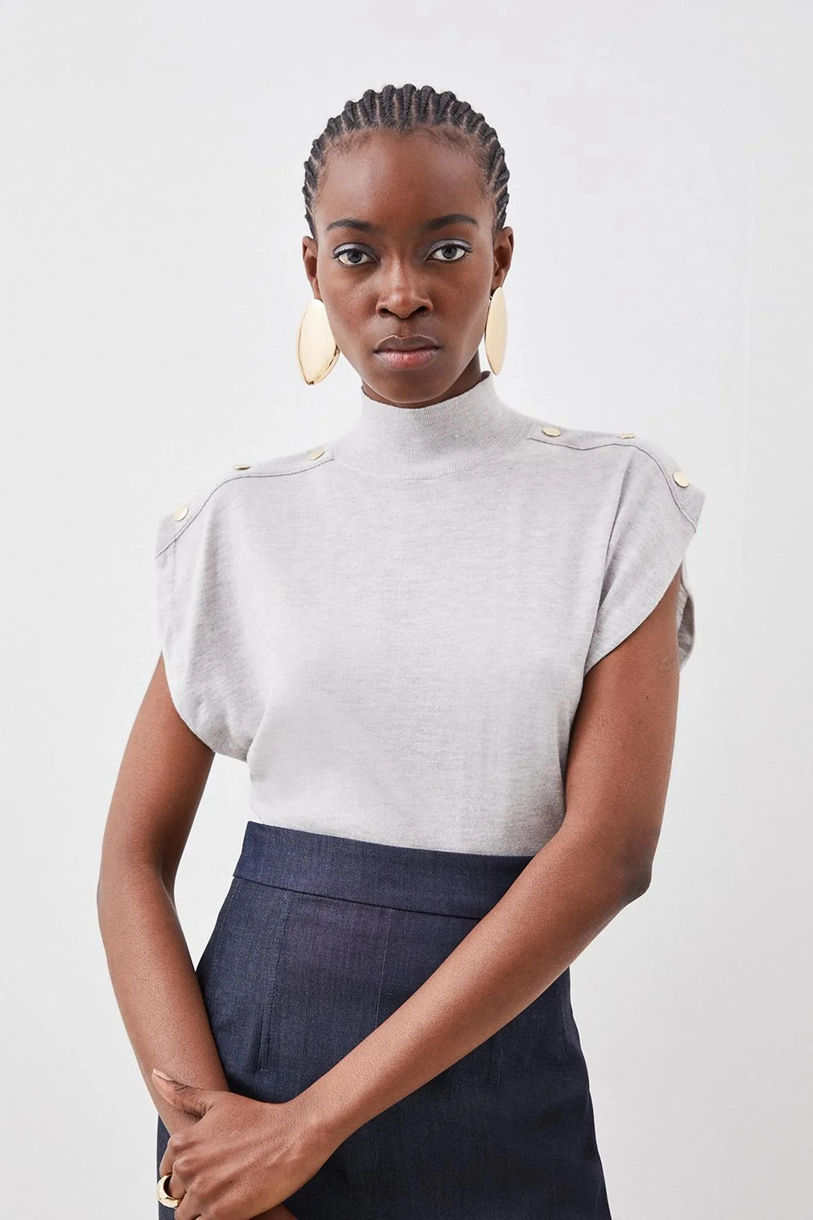 Cashmere Blend Funnel Neck Cap Sleeve Trimmed Knit Top