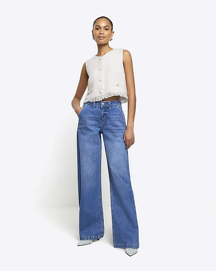 Blue mid rise baggy wide leg jeans