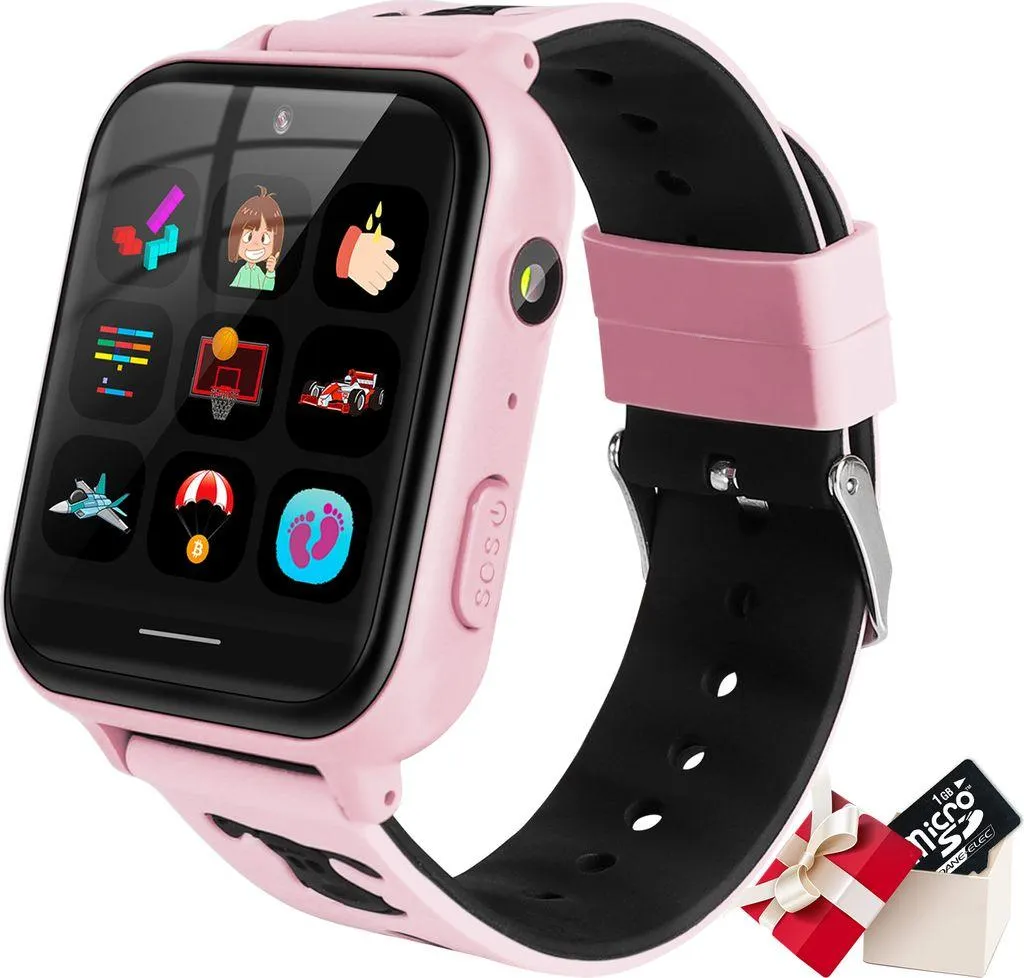 Topchances Kinder Spiel Smartwatch Telefon mit Musikspieler SOS Spiele Kamera Rechner Wecker Touchscreen Voice Chat(mit/ 1G SD Card) für Jungen und Mädchen,Rosa