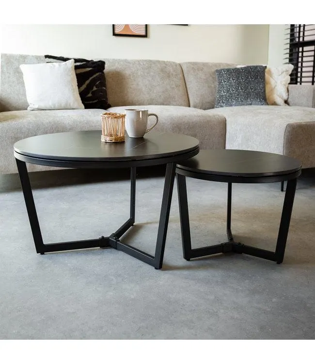 Salontafel set van 2 Brady marmer zwart rond