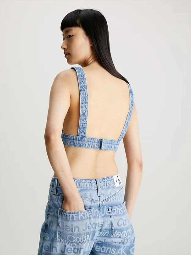 Denim bralettetop met all-over logo
