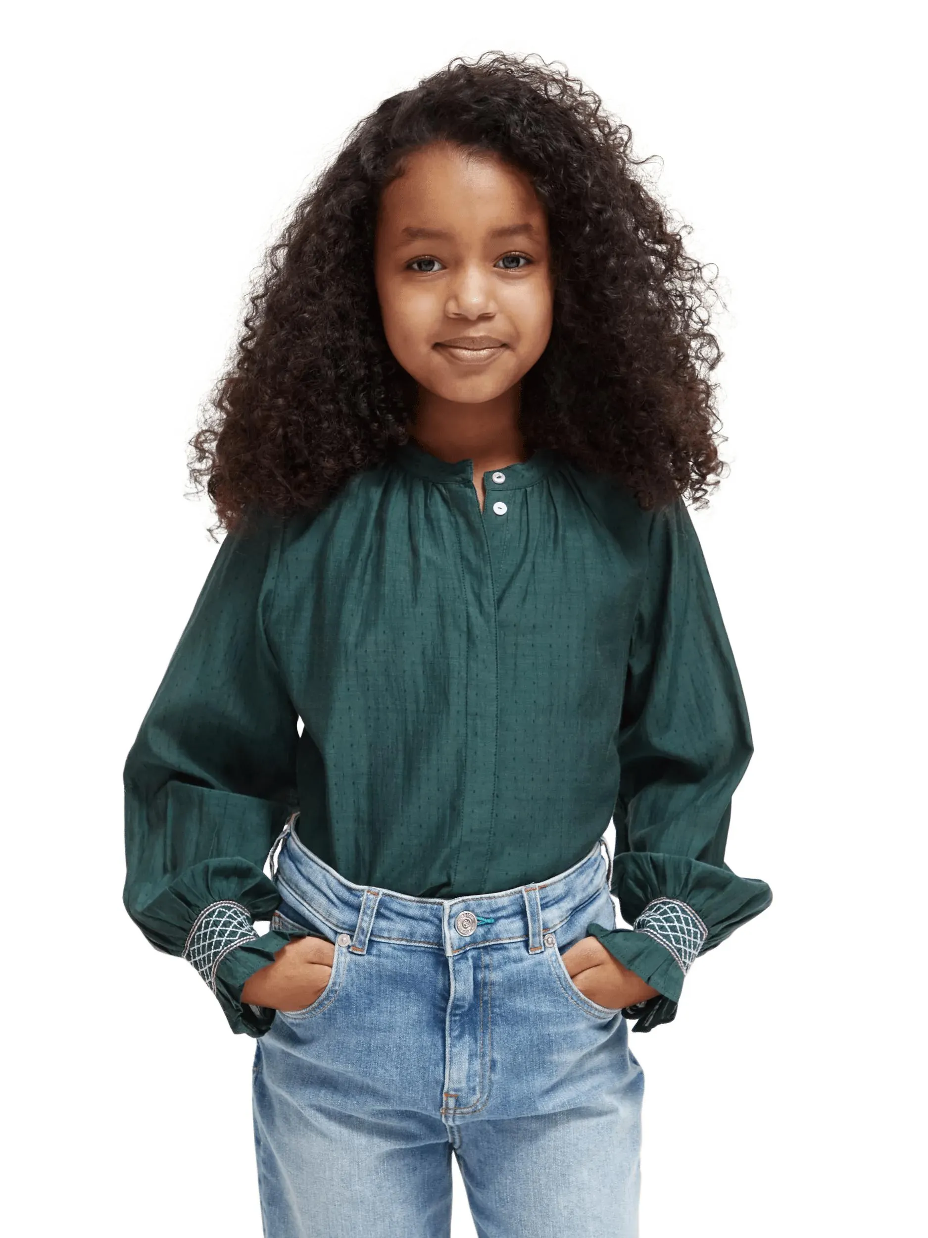 Long-sleeved smocked shirt