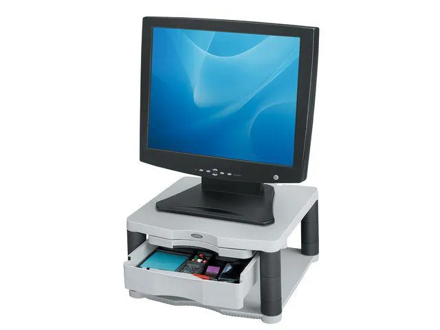 Fellowes Monitorstandaard Premium Plus, grijs, met lade van 5,1 cm en ingebouwde concepthouder