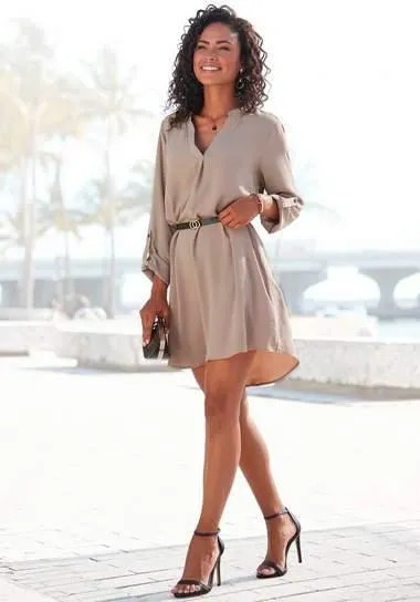 Lascana Lange blouse van gekreppte stof, losse blouse jurk, elegant-chic (Met riem in leer-look)