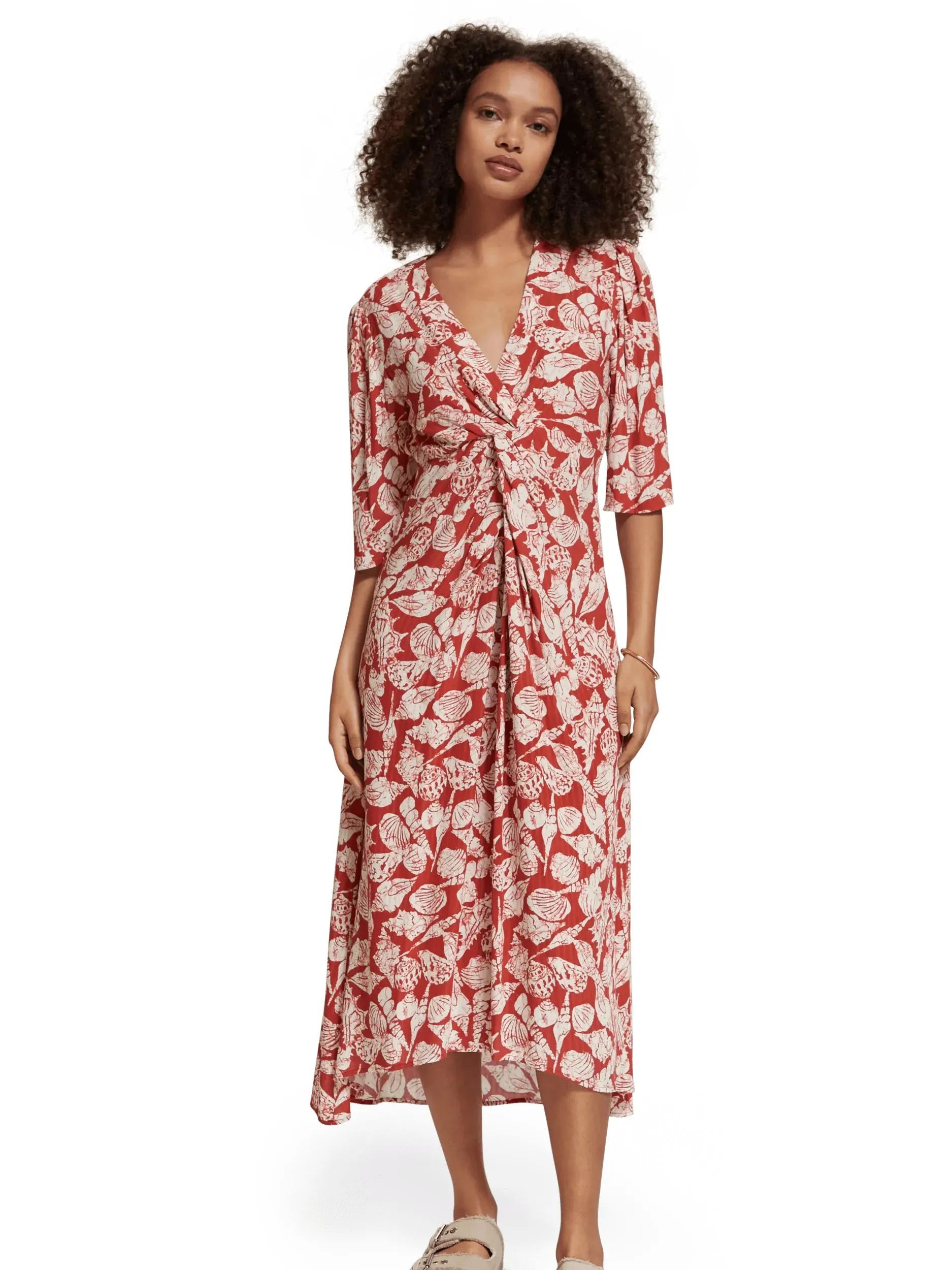 Midi-jurk met gedrapeerd knoopdetail