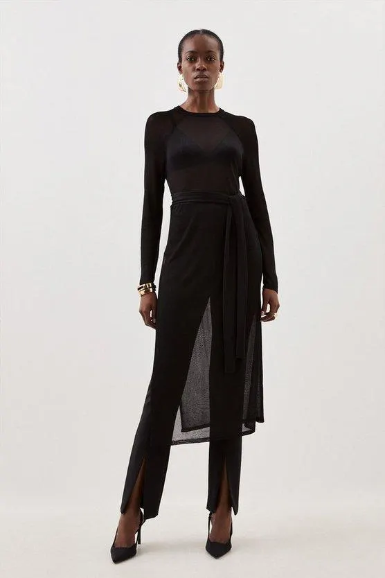 Slinky Viscose Sheer Tie Detail Knit Tunic