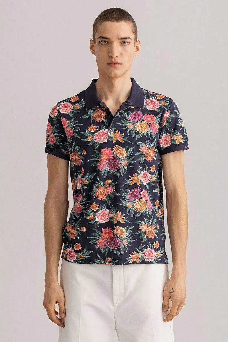 polo korte mouw in katoen met bloemprint blauw