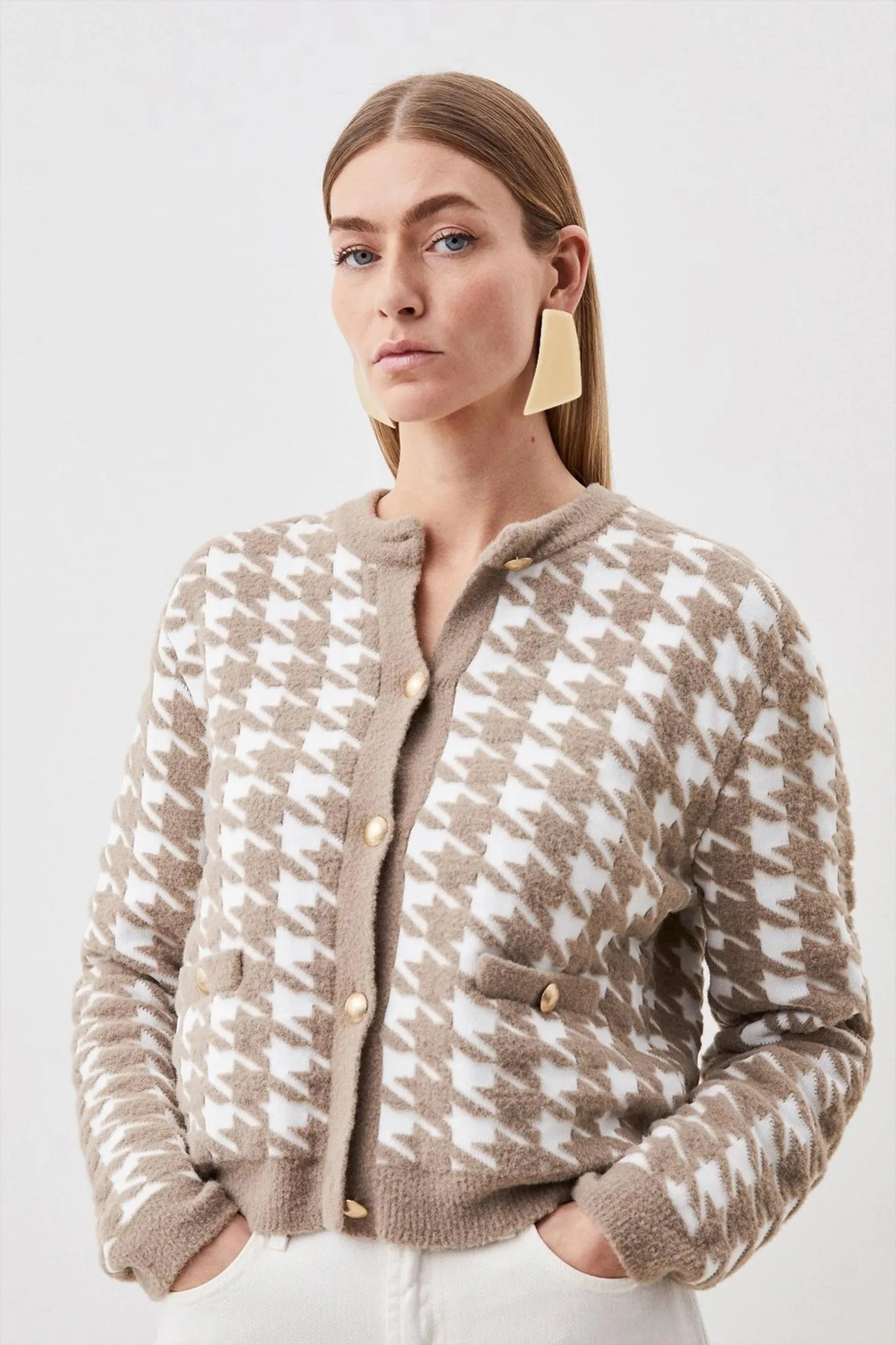 Boucle Jacquard Dogtooth Knit Cardigan