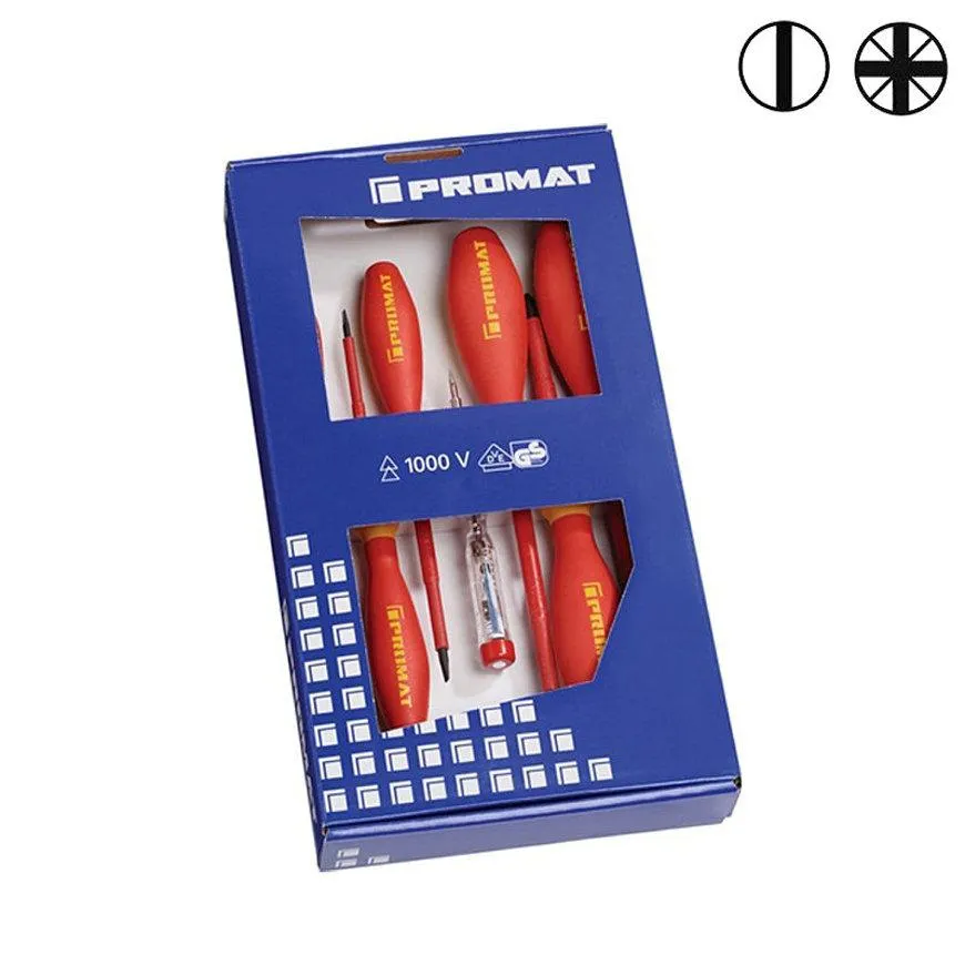 Promat schroevendraaierset, VDE-geïsoleerd, 7-delig, met spanningzoeker, sleuf + PZD