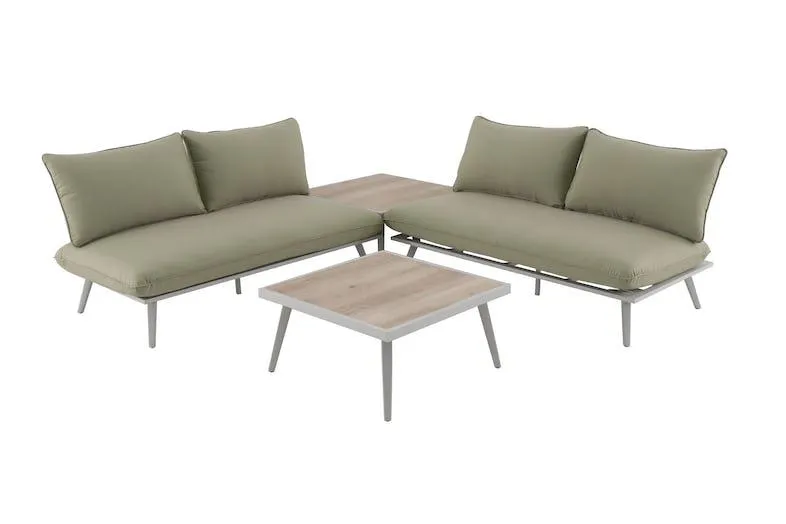 Tarrington House Loungeset Lualu, aluminium/ polyester/ DPL, 150 x 75 x 67,5 cm, bijzettafel, tafel, met kussens, groen / bruin / zilver