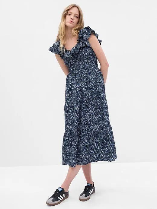 Flutter Sleeve Smocked Midi Dress