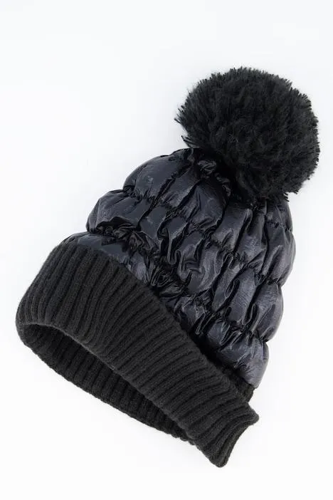 Bonnet, matelassé, bord à côtes, pompon