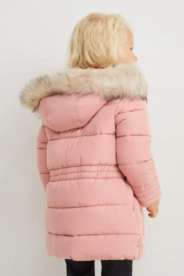 Quilted jacket with hood and faux fur trim
