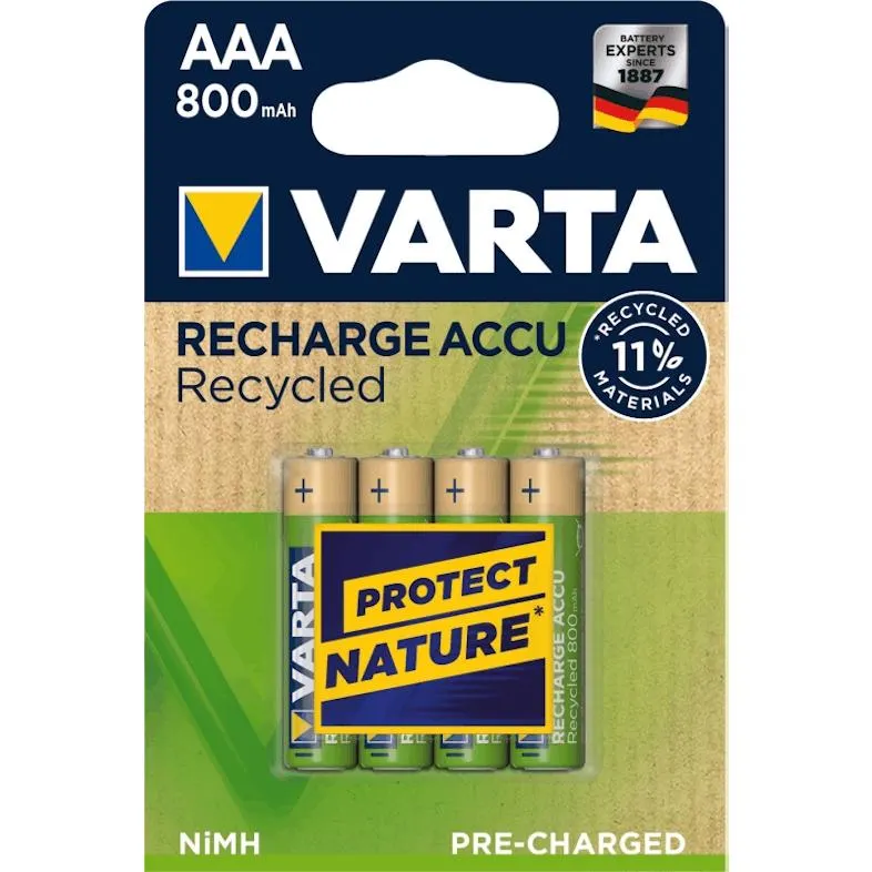 Varta oplaadbare batterij gerecycled aaa hr03 800mah 4st.