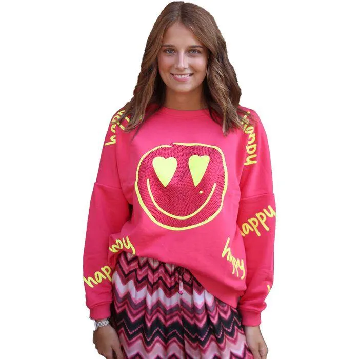 Miss Goodlife Happy Heartface Strass sweater dames pink neon yellow