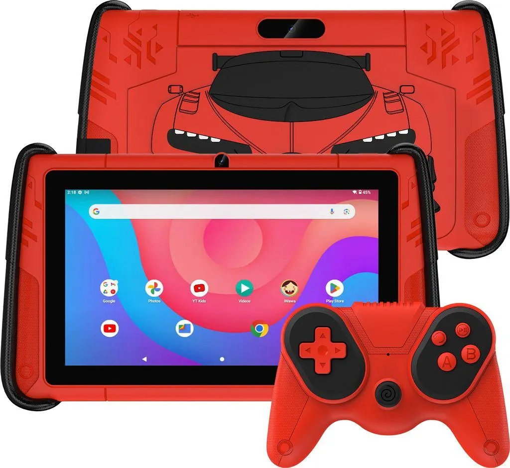 PRITOM 7" Android 12 Tablet für Kinder, 4 GB RAM 64 GB ROM, Kindersoftware vorinstalliert, WLAN, mit cooler Hülle in Sportwagenform, Rot