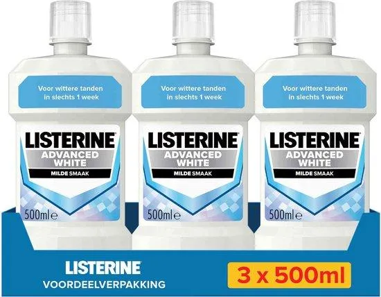 LISTERINE Mondwater Advanced White Milde Smaak - mondspoeling - verwijdert sterke verkleuring voor wittere tanden in slechts 1 week - 3x 500 ml