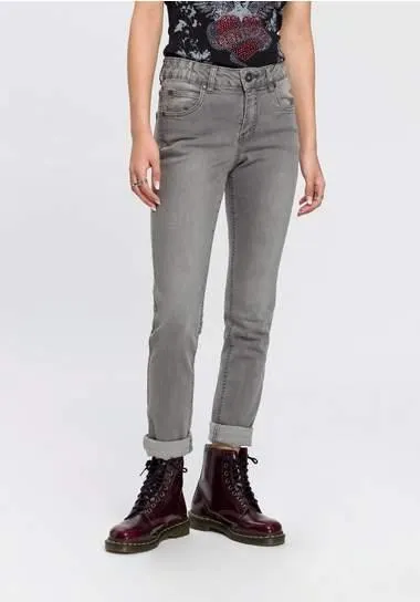 Arizona Slim fit jeans Svenja - band met opzij elastische inzet smalle pasvorm, skinny jeans, used-wassing, hoge taille