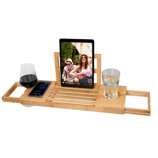 Badplank - Badrek - Uittrekbaar - 50-85 centimeter - 100% Eco Bamboe - Ruimte voor Tablet, Telefoon, Boek, Glas, Kaars