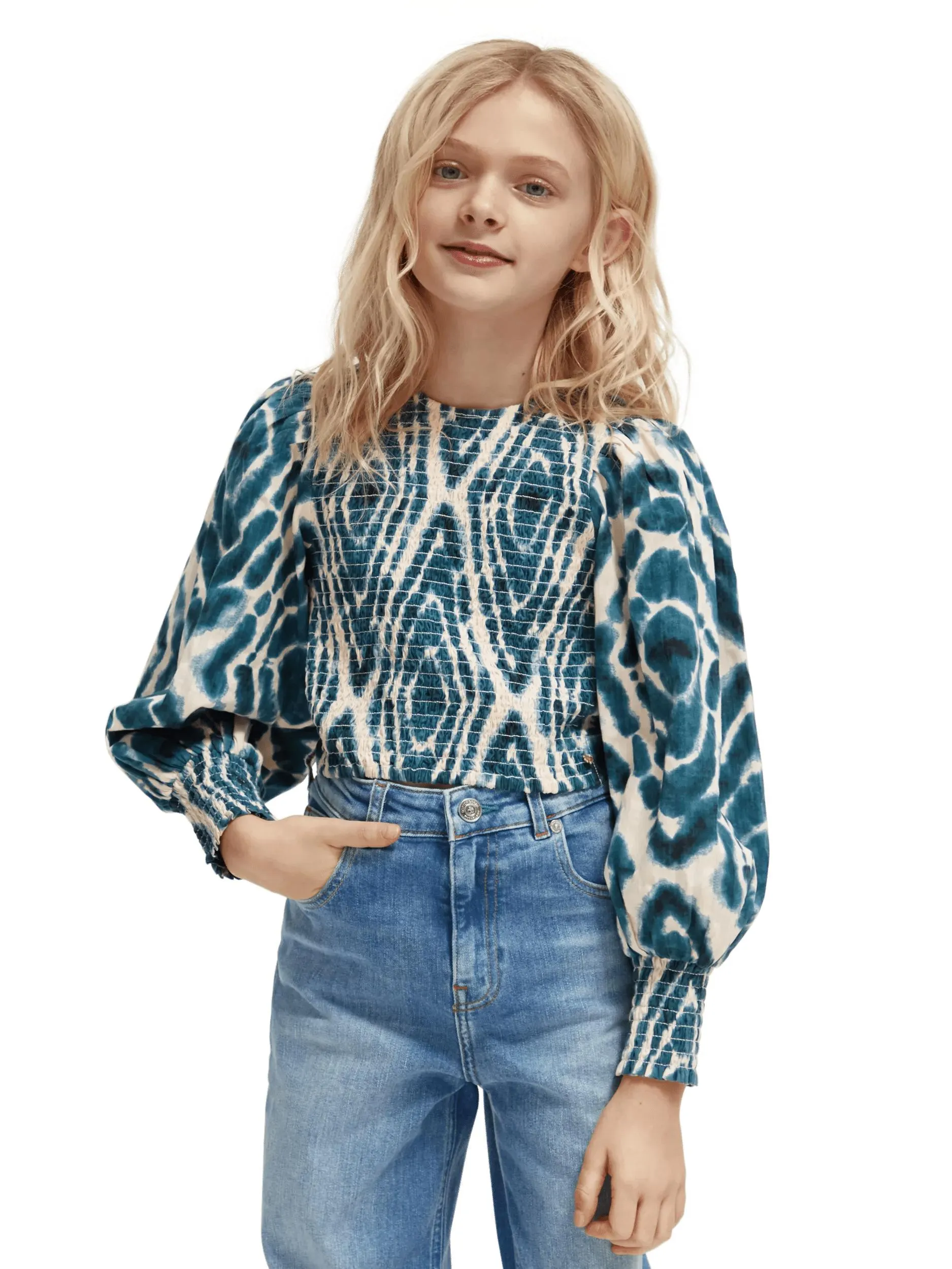 Tie-dye long-sleeve smocked crop top