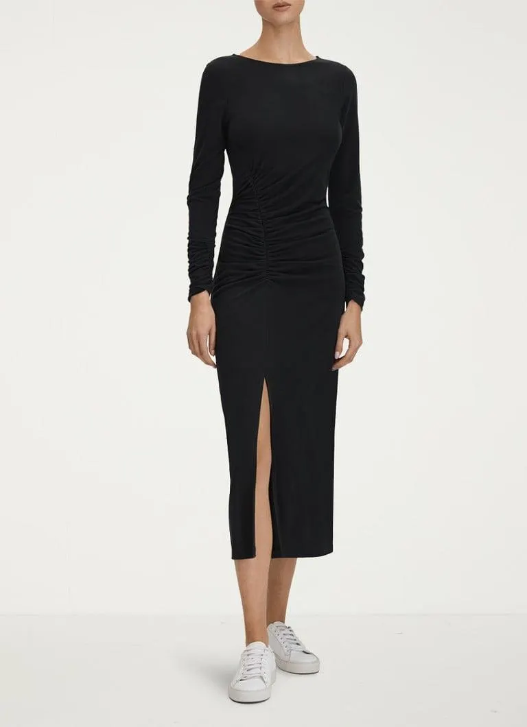 Lana midi jurk met split en plooi detail